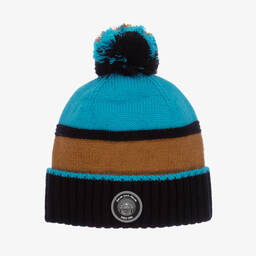 Blue & Brown Knitted Pom-Pom Hat