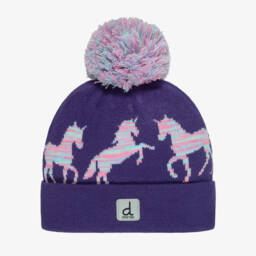 Girls Purple & Pink Unicorn Knit Pom-Pom Hat