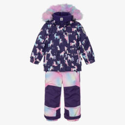 Girls Purple Technical Snowsuit with Pastel Unicorn Prints