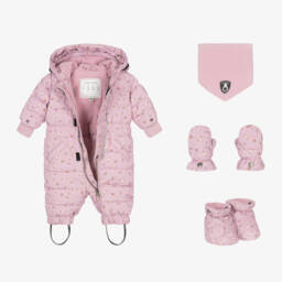 Deux par Deux-Pink Floral Print Hooded Baby Snowsuit  | Childrensalon