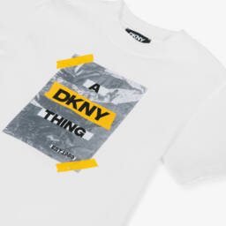 DKNY-Boys White Cotton Sticky Tape Logo T-Shirt | Childrensalon
