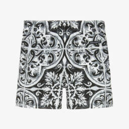 Dolce & Gabbana-Baby Boys Black & White Majolica Print Swim Shorts | Childrensalon