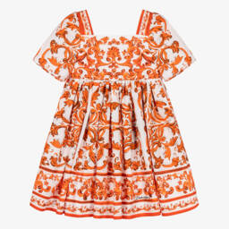Baby Girls Orange Majolica Print Poplin Dress