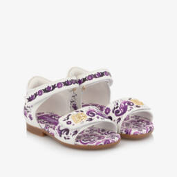 Baby Girls White & Purple Majolica Print Leather Sandals