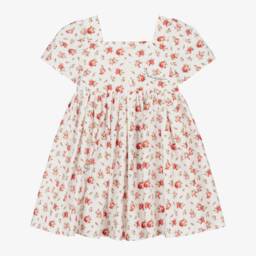 Платье белое из хлопка с красным принтом роз для малышек