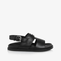 Dolce & Gabbana-Black Leather Buckle Sandals with Metal Logo Plaque | Childrensalon