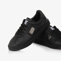 Dolce & Gabbana-Black Leather Logo Plate Trainers | Childrensalon