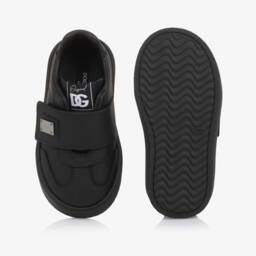 Dolce & Gabbana-Black Leather Logo Plate Velcro Trainers | Childrensalon