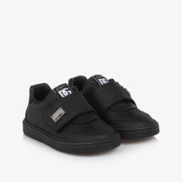 Dolce & Gabbana-Black Leather Logo Plate Velcro Trainers | Childrensalon
