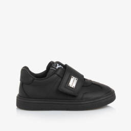 Dolce & Gabbana-Black Leather Logo Plate Velcro Trainers | Childrensalon