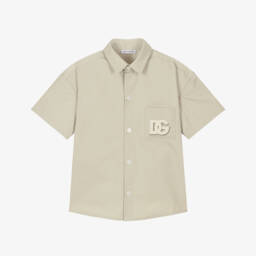 Dolce & Gabbana-Boys Beige DG Logo Short-Sleeved Cotton Shirt | Childrensalon