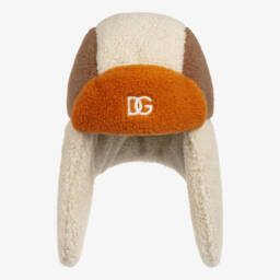 Boys Beige Sherpa Hat with Brown & Orange Panels
