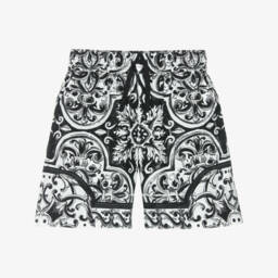 Boys Black & White Majolica Print Cotton Poplin Shorts