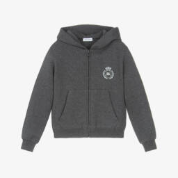 Boys Grey Cotton Zip-Up Hooded Top