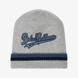 Boys Grey Wool Knit Beanie Hat with Varsity-Style Logo