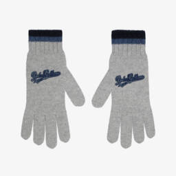 Boys Grey Wool Knit Gloves with Varsity-Style Logo