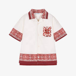 Boys Ivory Piqué Shirt with Red Majolica Print