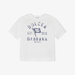 Dolce & Gabbana-Boys White Cotton Flag Logo T-Shirt | Childrensalon