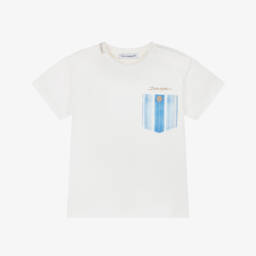 Dolce & Gabbana-Boys White Cotton T-Shirt with Blue Stripe Pocket | Childrensalon