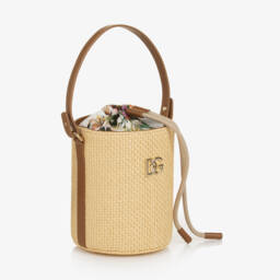 Dolce & Gabbana-Girls Beige Floral & Straw Bag (14cm) | Childrensalon