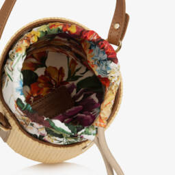 Dolce & Gabbana-Girls Beige Floral & Straw Bag (14cm) | Childrensalon