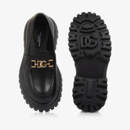 Dolce & Gabbana-Girls Black Leather DG Loafers | Childrensalon