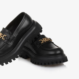 Dolce & Gabbana-Girls Black Leather DG Loafers | Childrensalon
