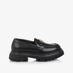 Dolce & Gabbana-Girls Black Leather DG Loafers | Childrensalon