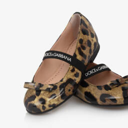 Dolce & Gabbana-Girls Brown Leopard Print Patent Leather Ballerine Flats | Childrensalon