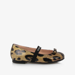 Dolce & Gabbana-Girls Brown Leopard Print Patent Leather Ballerine Flats | Childrensalon