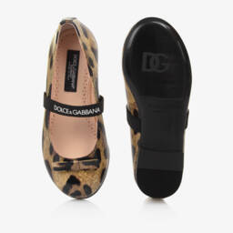 Dolce & Gabbana-Girls Brown Leopard Print Patent Leather Ballerine Flats | Childrensalon