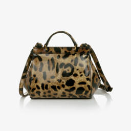 Dolce & Gabbana-Girls Brown Leopard Print Patent Leather Sicily Bag (14cm) | Childrensalon