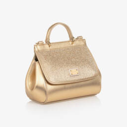 Dolce & Gabbana-Girls Gold Leather & Rhinestone Sicily Bag (14cm) | Childrensalon