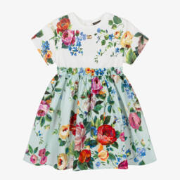 Dolce & Gabbana-Girls Ivory & Green Floral Cotton Dress | Childrensalon