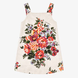 Girls Ivory & Red Floral Jacquard Cotton Dress