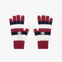 Girls Maroon Red, Navy Blue & White Stripe Wool Gloves
