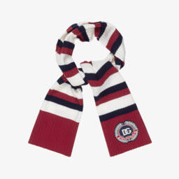 Girls Maroon Red, Navy Blue & White Stripe Wool Scarf