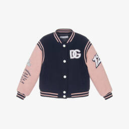 Dolce & Gabbana-Girls Navy Blue & Pink Wool Varsity Jacket with DG Logo | Childrensalon
