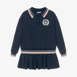 Dolce & Gabbana-Girls Navy Blue Sweatshirt Dress with Crest Logo | Childrensalon