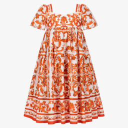 Girls Orange Majolica Print Poplin Dress