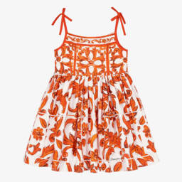 Girls Orange Majolica Print Strappy Poplin Dress