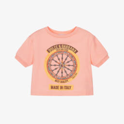 Girls Pink Cotton Carretto Print Slim T-Shirt