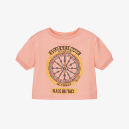 Girls Pink Cotton Carretto Print Slim T-Shirt