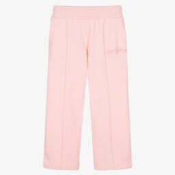 Girls Pink Cotton Wide-Leg Joggers with Logo Embroidery