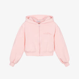 Girls Pink Cotton Zip-Up Hoodie with Logo Embroidery