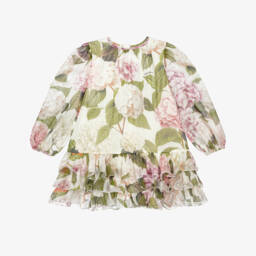Girls Pink & Green Hydrangea Print Silk Chiffon Dress