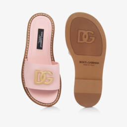 Dolce & Gabbana-Girls Pink Leather DG Logo Sliders | Childrensalon
