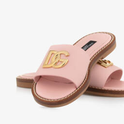 Dolce & Gabbana-Girls Pink Leather DG Logo Sliders | Childrensalon
