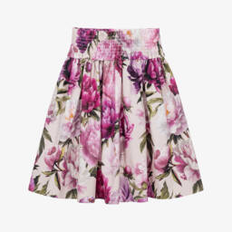 Girls Pink Peony Print Cotton Poplin Skirt