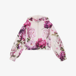 Girls Pink Peony Print Cotton Zip-Up Hoodie